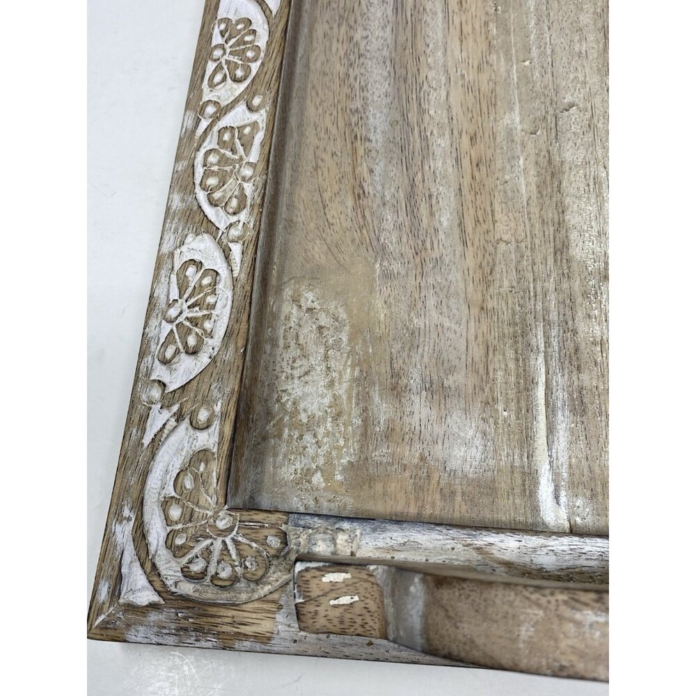 RUSTIC Carved Wooden Serving Tray Rectangular 17x12 With 2 Handles India - Picture 5 of 8
